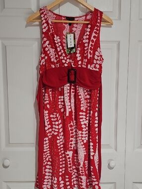 ✨ FANG Red & White Floral Dress | Belted Waist Sleeveless Midi (NWT) ✨